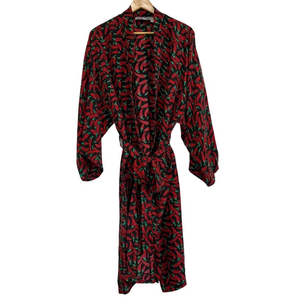 Vtg 90s ADDICTION Chili Pepper All-Over Print Silk Kimono Robe Belted One Size
